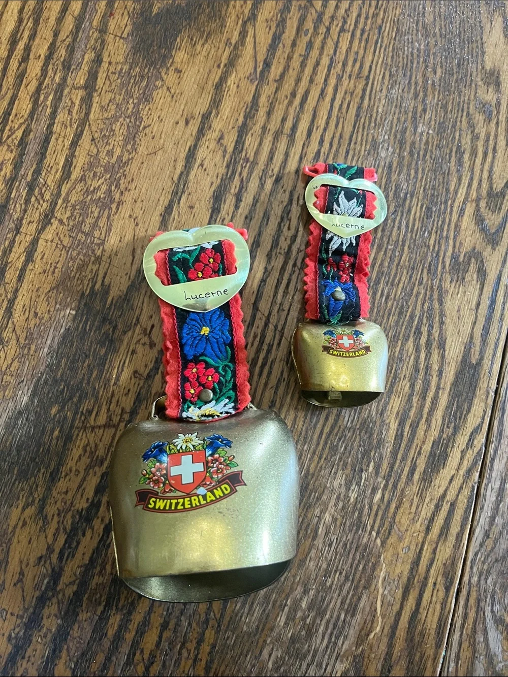 Swiss Brass Cowbell Set with Lucerne Heart Accents
